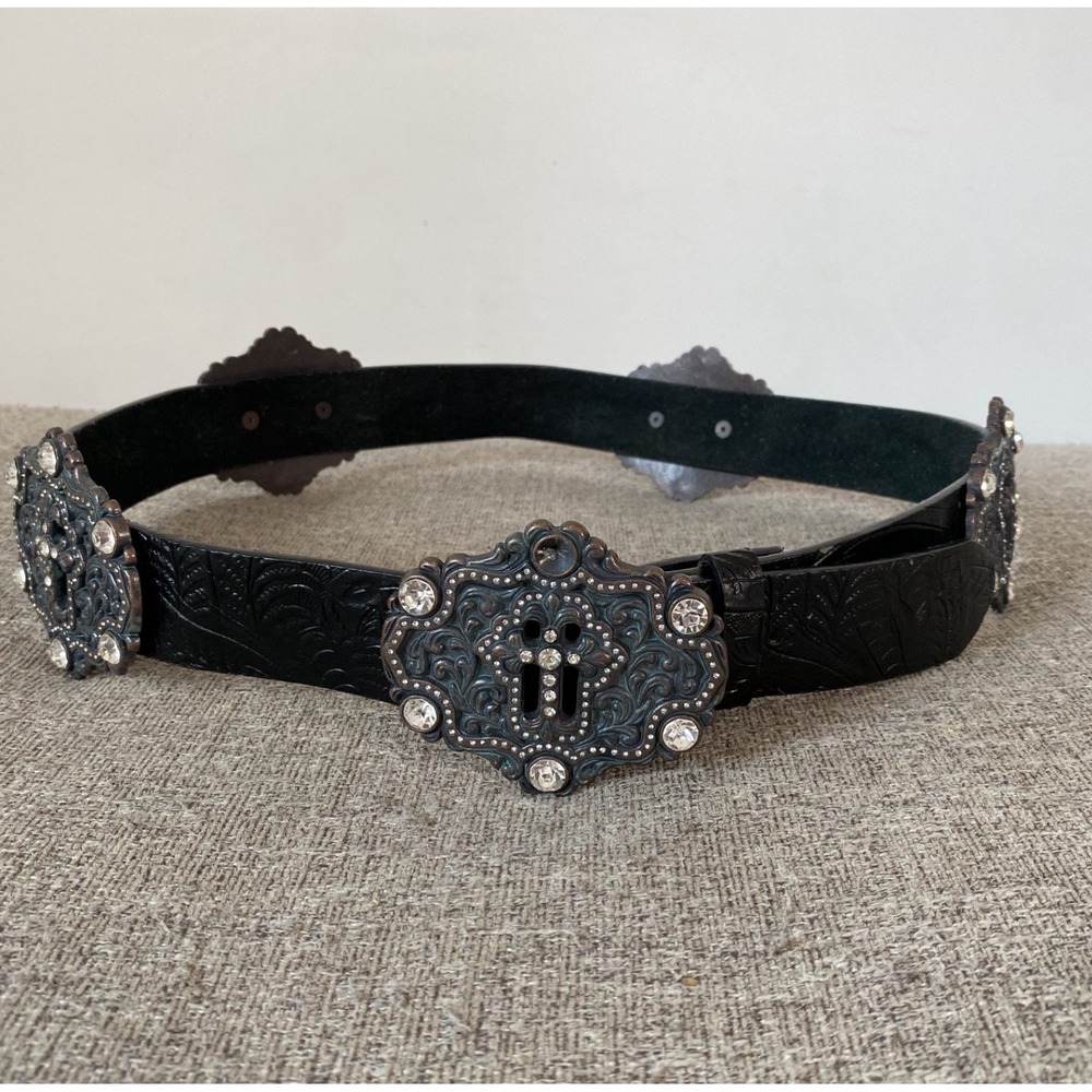 Y2K Men Leather Belt Size M/L Tooled Concho Cross Rhinestones Grunge Alternative